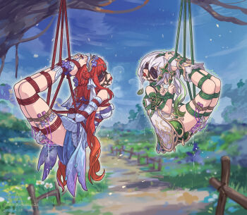 2girls absurdres arms_behind_back ball_gag bare_shoulders bdsm blindfold blue_sleeves bondage bound bound_ankles bound_arms bound_legs bound_thighs bound_toes bound_torso breast_bondage detached_sleeves dress egg_vibrator flower gag gag_harness gagged genshin_impact gradient_hair gradient_sleeves green_hair green_sleeves hair_flower hair_ornament highres hogtie jewelry leaf_hair_ornament long_hair multicolored_hair multiple_girls nahida_(genshin_impact) nero_augustus nilou_(breeze_of_sabaa)_(genshin_impact) nilou_(genshin_impact) official_alternate_costume padisarah_flower panties pointy_ears pussy_juice red_hair red_rope restrained reverse_prayer rope sex_toy shibari shibari_over_clothes side_ponytail sleeveless sleeveless_dress stirrup_footwear suspension thighlet twintails underwear very_long_hair vibrator vibrator_under_clothes vibrator_under_panties white_dress white_hair wiffle_gag