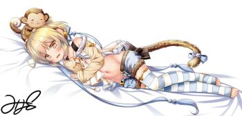 1girl :d andira_(flower_frolic)_(granblue_fantasy) andira_(granblue_fantasy) animal_ears bad_id bad_twitter_id bed_sheet bell blonde_hair brown_eyes commentary_request female_focus full_body fur-trimmed_shorts fur_trim granblue_fantasy jingle_bell lying monkey monkey_ears monkey_tail navel on_side open_mouth short_shorts shorts signature smile solo stomach striped_clothes striped_thighhighs tail tail_bell tail_ornament thighhighs toeless_legwear yukino_minato