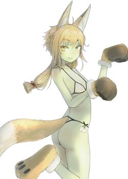1girl animal_ears bikini blonde_hair blunt_tresses clothing_cutout fox_ears fox_girl fox_tail from_side highres looking_at_viewer low_twintails nito_(nshtntr) original paw_pose paw_shoes smile solo standing standing_on_one_leg swimsuit tail tail_through_clothes thong_bikini twintails white_bikini yellow_eyes