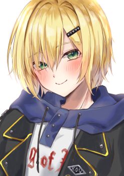 07_nagi_05 1boy absurdres black_jacket blonde_hair blue_hood blush character_name closed_mouth clothes_writing drawstring green_eyes hair_intakes hair_ornament hair_over_one_eye hairclip highres hood hood_down hoodie jacket lapels looking_at_viewer male_focus nijisanji no_headwear notched_lapels open_clothes open_jacket portrait print_hoodie short_hair simple_background solo uzuki_kou uzuki_kou_(5th_costume) virtual_youtuber white_background white_hoodie wolf_cut yellow_trim