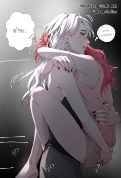 Rule 34 | 2girls, arms around neck, bare arms, bare legs, black nails, carrying, carrying person, closed mouth, commentary request, dated, green nails, grey shorts, highres, long hair, multiple girls, original, pink hair, pink tank top, shorts, smile, speech bubble, sweetandsour9, tank top, thai commentary, thai text, thought bubble, timestamp, translation request, white hair, yuri