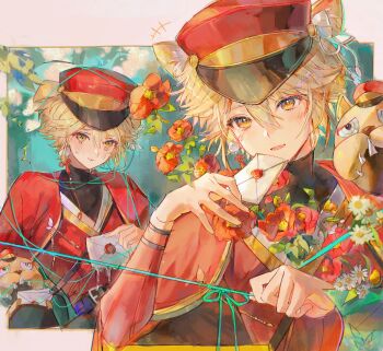 1boy absurdres alternate_costume animal_ear_fluff animal_ears blonde_hair crying dog_boy dog_ears envelope flower hair_between_eyes hat head_tilt highres holding holding_envelope identity_v light_blush male_focus multiple_views red_flower red_hat stitched_mouth stitches victor_grantz wick_(identity_v) xiaomianduoshao