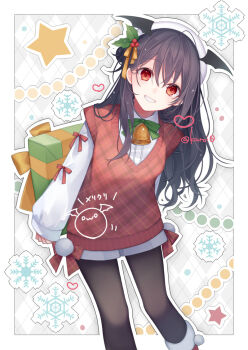 1girl bell beret black_hair black_pantyhose boots bow box christmas collared_shirt commentary_request dress_shirt feet_out_of_frame gift gift_box green_bow hair_between_eyes hat kuroi_(liar-player) long_hair long_sleeves looking_at_viewer neck_bell original outline pantyhose pantyhose_under_shorts plaid_background puffy_long_sleeves puffy_sleeves red_boots red_eyes shirt short_shorts shorts sleeves_past_wrists smile snowflakes solo standing star_(symbol) sweater_vest very_long_hair white_hat white_outline white_shirt white_shorts