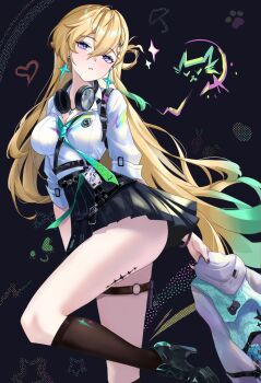 Rule 34 | 1girl, azul (hhez3423), bad arm, black shoes, black skirt, black socks, blonde hair, blue eyes, breasts, cleavage, commentary request, earrings, hair between eyes, hair ornament, headphones, headphones around neck, high-waist skirt, highres, holding, holding jacket, holding unworn clothes, jacket, jewelry, large breasts, long arms, long hair, looking at viewer, lynae (wuthering waves), parted lips, shirt, shoes, skirt, skull hair ornament, socks, solo, star (symbol), star earrings, tacet mark (wuthering waves), thighs, unworn jacket, very long hair, white jacket, white shirt, wuthering waves