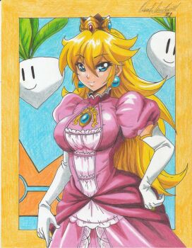 1girl 2021 blonde_hair blue_earrings blue_eyes crown dress earrings gloves highres jewelry long_hair mario_(series) nintendo ornament pink_dress princess_peach ravernclouk_design simple_background super_mario_bros._1 super_mario_bros._2 super_smash_bros. turnip white_gloves