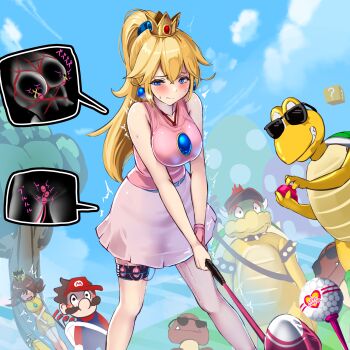 2girls 6+boys ball bare_shoulders blonde_hair blue_eyes blush bowser breasts chest_jewel cowboy_shot egg_vibrator golf golf_ball golf_club goomba high_ponytail highres holding holding_golf_club koopa_troopa large_breasts luigi mario mario_(series) mario_golf monikano multiple_boys multiple_girls nintendo nipple_stimulation object_insertion outdoors pink_shirt pink_skirt ponytail princess_daisy princess_peach sex_toy shirt skirt solo_focus sunglasses vaginal vaginal_object_insertion vibrator