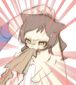 1other animal animal_focus animalization bell biting brown_cat brown_hair cat emphasis_lines holding holding_animal hutaba idolmaster idolmaster_million_live! kitazawa_shiho long_hair neck_bell out_of_frame squid white_background