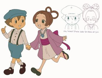 1boy 1girl :d ace_attorney bead_necklace beads black_eyes blue_shorts blush blush_stickers bow brown_eyes brown_hair buttons child collared_shirt commentary crossover english_commentary english_text eye_contact flat_color full_body geta hair_rings hand_up hanten_(clothes) haori happy hat highres holding_hands index_finger_raised jacket japanese_clothes jewelry kimono long_sleeves looking_at_another luke_triton magatama magatama_necklace necklace newsboy_cap nikapolitan obi open_clothes open_mouth partially_colored pearl_fey pink_sash professor_layton purple_jacket purple_sash running sandals sash shirt shoes short_hair short_kimono shorts simple_background smile socks suspender_shorts suspenders walking white_background white_kimono white_shirt white_socks wide_sleeves zouri