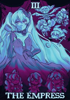 5girls absurdres blue_theme breasts closed_eyes closed_mouth commentary doll dress english_commentary gloves hair_between_eyes hat hatsune_miku highres holding holding_microphone holding_sword holding_weapon limited_palette looking_at_viewer microphone multiple_girls multiple_wings smile sword tarot tenn the_empress_(tarot) twintails u_u vocaloid weapon wings