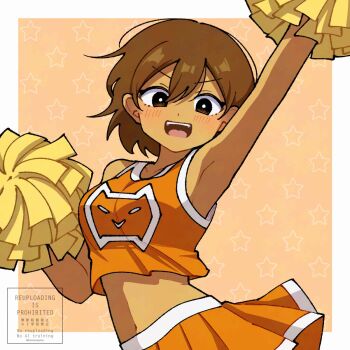 1girl :d arm_up armpits bare_arms bare_shoulders blush border breasts bright_pupils brown_eyes brown_hair cheerleader commentary_request crop_top dark-skinned_female dark_skin double-parted_bangs genderswap genderswap_(mtf) hair_behind_ear hair_between_eyes hand_up highres holding holding_pom_poms kel_(faraway)_(omori) kel_(omori) kiimorisame medium_breasts midriff miniskirt navel omori open_mouth orange_background orange_skirt orange_tank_top outside_border outstretched_arm pleated_skirt pom_pom_(cheerleading) pom_poms short_hair simple_background skirt smile solo star_(symbol) star_symbol_background tank_top teeth tongue twitter_username upper_body upper_teeth_only v-shaped_eyebrows watermark white_border white_pupils white_trim