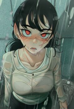 1girl absurdres black_hair blush breasts chainsaw_man choppy_bangs collarbone commentary constricted_pupils cowboy_shot dilan_griz english_commentary highres long_hair long_sleeves looking_at_viewer lower_teeth_only medium_breasts open_mouth outdoors rain red_eyes ringed_eyes scar scar_across_eye scar_on_face shirt solo standing swept_bangs teeth trash_can wet wet_clothes wet_hair wet_shirt white_shirt yoru_(chainsaw_man)