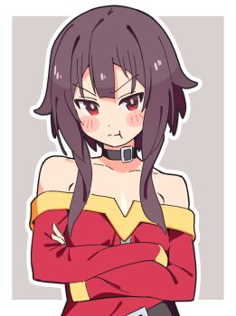 1girl :t bare_shoulders black_collar blush_stickers brown_hair collar commentary crossed_arms dot_nose double-parted_bangs dress flat_chest grey_background kono_subarashii_sekai_ni_shukufuku_wo! long_sleeves looking_at_viewer megumin noyama_takenoko off-shoulder_dress off_shoulder outline pout red_dress red_eyes short_hair_with_long_locks simple_background solo upper_body v-shaped_eyebrows white_outline