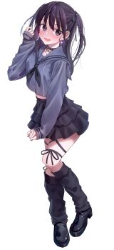 1girl :d absurdres black_choker black_eyes black_hair black_leg_warmers black_neckerchief black_ribbon black_shoes black_skirt braid choker commentary_request cross cross_earrings ear_piercing earrings full_body hand_up highres jewelry leg_warmers long_hair long_sleeves midriff neckerchief official_alternate_costume ookuma_wakana open_mouth piercing real_life ribbon rikka006 ring sailor_collar shoes sideways_glance simple_background skirt smile solo voice_actor white_background