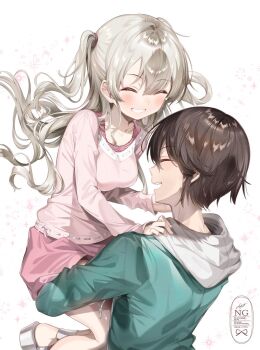 1boy 1girl breasts brown_hair carrying carrying_person charlotte_(anime) chi_no closed_eyes green_hoodie grey_hair hetero highres hood hoodie long_hair long_sleeves medium_breasts open_mouth otosaka_yuu pink_shirt pink_skirt shirt short_hair short_twintails simple_background skirt smile sparkle tomori_nao twintails white_background