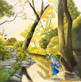 1girl arm_up blue_hair blue_shirt blue_skirt bush newsboy_cap collared_shirt commentary_request cucumber grass green_hat hair_bobbles hair_ornament hat highres jewelry kawashiro_nitori key key_necklace long_hair long_sleeves necklace open_mouth outdoors path reaching reflection road shirt skirt solo tatuhiro touhou traditional_media tree twintails wading water