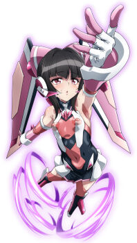 1girl absurdres adama0s0284 armpits blush bodysuit breasts brown_hair covered_erect_nipples covered_navel elbow_gloves energy eyebrows_hidden_by_hair full_body gloves highres jumping lips looking_up medium_hair open_mouth outstretched_arm pink_eyes senki_zesshou_symphogear silhouette simple_background small_breasts solo sweat tsukuyomi_shirabe undersuit white_background