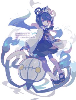 Rule 34 | 1girl, auko, belt, black dress, black hair, blue fire, blue gloves, blunt bangs, bob cut, chandelier, chandelure, coat, commentary request, dress, fire, gen 5 pokemon, gloves, gradient hair, gwynn (pokemon), hat, highres, long sleeves, looking at viewer, mega stone, multicolored hair, nintendo, o-ring, o-ring belt, open clothes, open coat, pantyhose, parted lips, partially fingerless gloves, pokemon, pokemon (creature), pokemon legends: z-a, purple eyes, purple fire, purple hair, shoes, short hair, white coat, yellow eyes