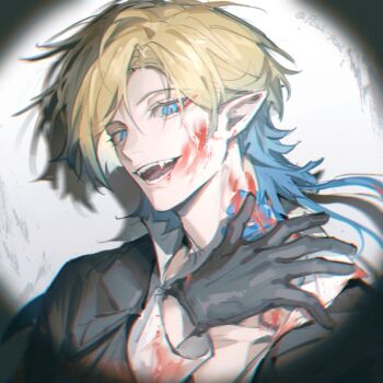 Rule 34 | 1boy, black gloves, black jacket, blonde hair, blood, blood on clothes, blood on face, blue eyes, blue hair, blue lock, collared shirt, commentary, eyeliner, fangs, flower tattoo, gloves, highres, jacket, makeup, male focus, michael kaiser, multicolored hair, neck tattoo, open mouth, pcal pcal, red eyeliner, shadow, shirt, short hair with long locks, solo, spotlight, suit jacket, tattoo, two-tone hair, white shirt