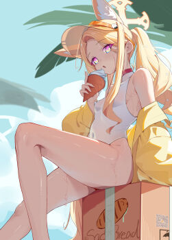 1girl :o absurdres animal_ear_fluff animal_ears arm_support armpit_crease bare_legs bare_shoulders blonde_hair blue_archive blush box breasts cardboard_box covered_navel cross_halo extra_ears eyes_visible_through_hair feet_out_of_frame food fox_ears fox_girl gradient_eyes hair_behind_ear halo hand_up highleg highleg_one-piece_swimsuit highres holding holding_food holding_ice_cream holding_ice_cream_cone ice_cream ice_cream_cone jacket loli long_hair long_sidelocks long_sleeves looking_at_viewer melting_ice_cream multicolored_eyes navel no_tail off_shoulder on_box one-piece_swimsuit open_clothes open_jacket open_mouth outdoors palm_tree pink_eyes qr_code sad_bread seia_(blue_archive) seia_(swimsuit)_(blue_archive) side_ponytail sideboob sidelocks sitting sitting_on_box small_breasts solo sweat swimsuit thighs tree very_long_hair visor_cap wet white_one-piece_swimsuit yellow_halo yellow_jacket yellow_visor