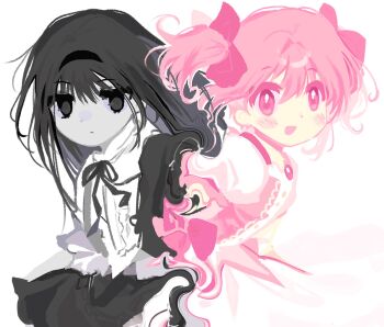 2girls akemi_homura black_hair black_hairband black_ribbon blush_stickers conjoined expressionless female_focus hair_between_eyes hairband happy highres jitome kaname_madoka kaname_madoka_(magical_girl) kerimka31328031 long_hair looking_at_viewer magical_girl mahou_shoujo_madoka_magica multiple_girls multiple_monochrome open_mouth pink_eyes pink_hair ribbon short_twintails simple_background twintails white_background