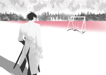 Rule 34 | 1boy, black hair, coat, feet out of frame, from below, hand in pocket, kim dokja, male focus, omniscient reader's viewpoint, open clothes, open coat, scabbard, sheath, short hair, solo, standing, swing set, tix 0314, walking, watercolor effect, white coat