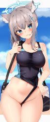 Rule 34 | 1girl, absurdres, animal ear fluff, animal ears, bag, blue archive, blue eyes, blush, breasts, clothes pull, competition swimsuit, extra ears, gluteal fold, grey hair, halo, head tilt, highleg, highleg swimsuit, highres, jun (aousa0328), looking at viewer, low ponytail, medium breasts, mismatched pupils, navel, one-piece swimsuit, one-piece swimsuit pull, shiroko (blue archive), shiroko (swimsuit) (blue archive), solo, swimsuit, two-tone one-piece swimsuit, two-tone swimsuit, wolf ears