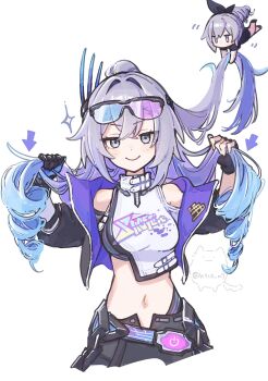 2girls bare_shoulders black_gloves black_jacket blue_hair commentary_request crop_top dual_persona gloves grey_eyes grey_hair highres honkai:_star_rail honkai_(series) jacket jacket_partially_removed long_hair long_sleeves looking_at_viewer midriff mini_person minigirl multicolored_hair multiple_girls navel off_shoulder open_clothes open_jacket purple_hair shirt silver_wolf_(elation)_(honkai:_star_rail) silver_wolf_(honkai:_star_rail) simple_background smile stomach upper_body very_long_hair white_background white_shirt xeitlfrycz64403