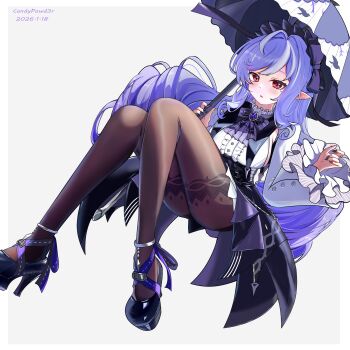 1girl absurdres ascot black_nails black_pantyhose bow bowtie breast_curtains candypowd3r center_frills commentary frills gem hairband highres holding holding_umbrella long_hair long_sleeves midair mole mole_under_eye multicolored_hair nail_polish open_mouth pantyhose patterned_legwear pointy_ears purple_ascot purple_bow purple_bowtie purple_gem purple_hair purple_hairband purple_umbrella red_eyes sideboob_cutout solo streaked_hair umbrella vivian_banshee white_background zenless_zone_zero