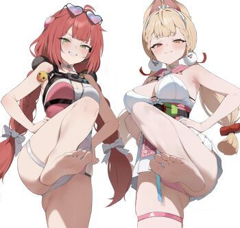 2girls :3 absurdres ahoge alice_thymefield alice_thymefield_(sea_of_thyme) animal_ears armpits bare_arms bare_legs bare_shoulders barefoot bikini bikini_under_clothes blonde_hair braid breasts choker cleavage closed_mouth commentary cowboy_shot dress eyewear_on_head feet foot_focus green_eyes grin hair_ornament hands_on_own_hips heart heart-shaped_eyewear heterochromia highres large_breasts leg_up long_hair looking_at_viewer low_twintails medium_breasts multiple_girls official_alternate_costume one-piece_swimsuit pink_bikini pink_one-piece_swimsuit presenting_own_foot rabbit_ears red_eyes red_hair redshark_(t373412) short_dress simple_background skindentation smile smug soles sphere_hair_ornament standing standing_on_one_leg sunglasses swimsuit thigh_strap thighs toes twin_braids twintails two-tone_one-piece_swimsuit ukinami_yuzuha ukinami_yuzuha_(tanuki_in_broad_daylight) v-shaped_eyebrows very_long_hair white_background white_choker white_dress yellow_eyes zenless_zone_zero
