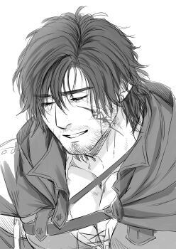 1boy absurdres bara beard_stubble chest_harness clive_rosfield closed_eyes facial_hair final_fantasy final_fantasy_xvi greyscale happy harness highres large_pectorals male_focus mature_male monochrome mustache_stubble pectoral_cleavage pectoral_squeeze pectorals skindentation solo stubble thick_eyebrows yomotsuki_road