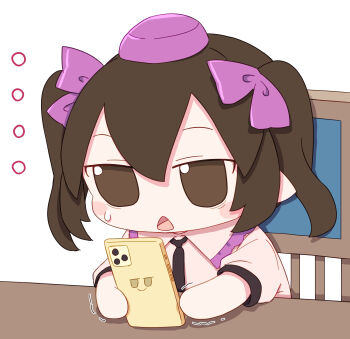 Rule 34 | ..., 1girl, absurdres, black necktie, blush stickers, brown hair, cellphone, chair, collared shirt, commentary request, fumo (doll), hair ribbon, hat, highres, himekaidou hatate, holding, holding phone, kame (kamepan44231), necktie, open mouth, phone, pink shirt, purple hat, purple ribbon, ribbon, shirt, short hair, short sleeves, simple background, smartphone, solo, touhou, white background