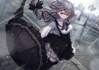 1girl :o arm_behind_head black_bow black_dress black_ribbon black_thighhighs black_umbrella blunt_bangs bow breasts center_frills city commentary_request cross_hair_ornament day dress eyelashes feet_out_of_frame floating_clothes floating_hair frilled_dress frilled_shirt frilled_umbrella frills gothic_lolita grey_hair hair_bow hair_ornament hair_ribbon highres holding holding_umbrella light_blush lolita_fashion long_hair long_sleeves looking_at_viewer low_ponytail medium_breasts missile228 neck_ribbon open_mouth original outdoors ponytail puddle purple_eyes rain ribbon ripples shirt sleeveless sleeveless_dress solo standing thighhighs umbrella very_long_hair water_drop white_dress wind zettai_ryouiki