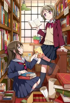 2girls absurdres asdasun black_serafuku black_shirt black_skirt black_socks blazer blue_eyes bob_cut book book_stack bookshelf bookstore bow bowtie breasts brown_footwear brown_hair ceiling_light check_commentary closed_mouth collarbone collared_shirt commentary_request crescent crescent_hair_ornament dress_shirt hair_between_eyes hair_bow hair_ornament hairclip half_updo highres holding holding_book indoors inverted_bob jacket ladder leg_up loafers long_sleeves looking_at_another love_live! love_live!_nijigasaki_high_school_idol_club medium_breasts medium_skirt miniskirt multiple_girls nakasu_kasumi neckerchief open_book open_clothes open_jacket osaka_shizuku pink_eyes plant pleated_skirt potted_plant profile red_bow red_bowtie red_jacket red_neckerchief sailor_collar school_uniform scroll serafuku shirt shoes shop sidelocks skirt slice_of_life smile socks split_mouth squatting standing standing_on_one_leg star_(symbol) star_hair_ornament stepladder sweater_vest table v-neck white_sailor_collar white_shirt window yellow_sweater_vest