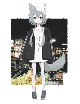 Rule 34 | 1girl, animal ears, aqua eyes, bare legs, black jacket, border, bright pupils, crossed bangs, full body, grey footwear, grey hair, grey tail, hair between eyes, hair ornament, hairclip, highres, hood, hooded jacket, indie virtual youtuber, jacket, long sleeves, looking at viewer, maga mitsuki, no pants, open clothes, open jacket, oshio (baniniwana), oversized clothes, oversized shirt, parted lips, print shirt, shirt, short hair with long locks, sleeves past fingers, sleeves past wrists, solo, tail, virtual youtuber, white border, white pupils, white shirt, wolf ears, wolf girl, wolf tail
