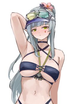 1girl absurdres arm_behind_head armpits bikini black_bikini blue_hair breasts commentary_request countdown_timer eyewear_on_headwear girls&#039;_frontline girls&#039;_frontline_2:_exilium green_eyes hair_between_eyes highres hk416_(girls&#039;_frontline) klukai_(cerulean_breaker)_(girls&#039;_frontline_2) klukai_(girls&#039;_frontline_2) lithographica long_hair looking_at_viewer navel official_alternate_costume ponytail solo stomach sunglasses swimsuit upper_body visor_cap