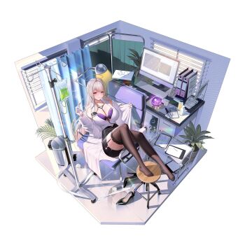 1girl 1other black_shoes black_skirt blonde_hair bra breasts brown_thighhighs chair chipy cleavage clipboard coat coat_partially_removed computer_keyboard computer_mouse constellation constellation_request crystal_ball curtains feet folder game_asset garter_straps glasses gloves halo high_heels highres holding holding_thermometer id_card indoors intravenous_drip lab_coat lamp large_breasts latex latex_gloves long_hair looking_at_viewer medicine_bottle monitor non-web_source official_alternate_costume on_chair patent_heels pen pencil_skirt plant poker_fate potted_plant pumps purple_bra red_eyes red_soles round_eyewear self-datamine shirt shoes sitting_sideways skirt solo_focus stethoscope stethoscope_around_neck stethoscope_between_breasts stiletto_heels stool surgical_scissors thermometer thighhighs tissue transparent_background trash_can unbuttoned unbuttoned_shirt underwear unworn_eyewear unworn_shoes used_tissue veil_(poker_fate) veil_(special_treatment)_(poker_fate) very_long_hair white_coat white_gloves white_shirt window_blinds zettai_ryouiki