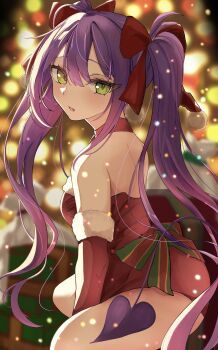 1girl bare_shoulders bow breasts commentary_request demon_girl demon_tail detached_sleeves dress fur-trimmed_dress fur-trimmed_sleeves fur_trim gradient_hair green_eyes hair_bow hashigo highres hololive long_hair looking_at_viewer multicolored_hair pink_hair purple_hair red_dress solo strapless strapless_dress tail tokoyami_towa twintails virtual_youtuber