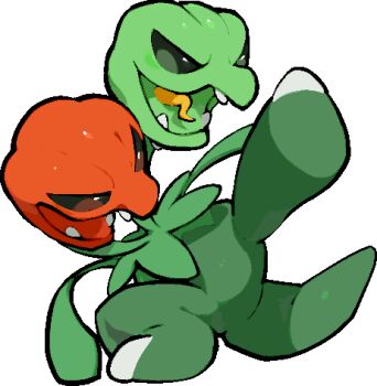 commentary_request fangs full_body kawaanago lowres multiple_heads nintendo open_mouth pokemon pokemon_(creature) pokemon_focus scovillain smile solo tongue transparent_background v-shaped_eyes
