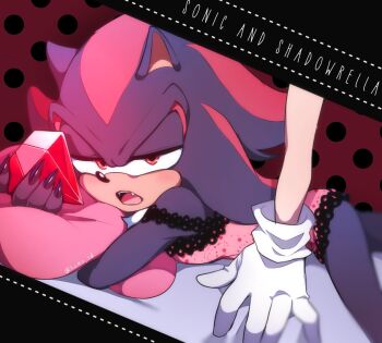 2boys artist_name bare_shoulders black_fur black_nails blush camisole chaos_emerald commentary english_commentary english_text fangs fingernails furry furry_male gem gloves half-closed_eyes hedgehog_boy holding holding_gem kumo_zd lace-trimmed_camisole lace_trim long_fingernails looking_at_viewer male_focus multiple_boys open_mouth pink_camisole pink_pillow polka_dot_camisole puffy_male_chest red_eyes red_fur red_gemstone romeo_to_cinderella_(vocaloid) shadow_the_hedgehog sharp_fingernails sonic_(series) sonic_the_hedgehog twitter_username two-tone_fur white_gloves