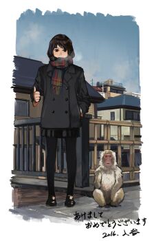 1girl animal balcony black_coat black_pantyhose black_skirt blue_sky buttons city coat covered_mouth dated double-breasted highres illya1030 japanese_macaque monkey original outdoors pantyhose plaid_clothes plaid_scarf scarf sitting skirt sky standing thumbs_up