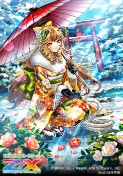 1girl antenna_hair arthropod_girl bee_girl black_gloves blonde_hair bow brown_hair closed_mouth copyright_logo copyright_name copyright_notice curly_hair floral_print floral_print_kimono flower fur-trimmed_kimono fur_trim gloves hair_bow hair_flower hair_ornament holding holding_umbrella insect_girl japanese_clothes kimono logo long_hair multicolored_hair official_art oil-paper_umbrella okobo orange_eyes outdoors platform_sandals print_kimono red_flower sandals smile snake socks solo sparkle squatting terai_(teraimorimori) torii umbrella vesparose white_flower white_socks yellow_bow z/x