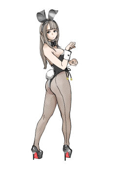 1girl absurdres animal_ears ass black_bow black_bowtie black_leotard bow bowtie breasts brown_hair commentary_request detached_collar fake_animal_ears fishnet_pantyhose fishnets full_body high_heels highres leotard long_hair looking_at_viewer looking_back medium_breasts original pantyhose parted_bangs paw_pose playboy_bunny rabbit_tail sakamoto_giulietta simple_background standing tail traditional_bowtie white_background white_wrist_cuffs wrist_cuffs
