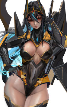 1girl absurdres arm_armor armored_leotard black_gloves black_hair black_leotard blue_hair breasts cleavage_cutout clothing_cutout collared_leotard colored_inner_hair commentary contrapposto covered_navel dark-skinned_female dark_skin facial_mark gloves goddess_of_victory:_nikke gold_trim hair_between_eyes hand_in_own_hair hand_on_own_hip headgear highres horns indivilia_(nikke) kyel_hyde large_breasts leotard long_hair long_hair_between_eyes looking_at_viewer mechanical_horns mechanical_tail multicolored_hair parted_lips red_eyes simple_background solo streaked_hair tail tail_blade thigh_gap thighhighs thighs two-tone_hair very_long_hair white_background