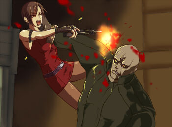 1boy 1girl ada_wong belt blood brown_eyes brown_hair dress fighting fingerless_gloves gloves gun monster mr_x open_mouth pantyhose resident_evil resident_evil_2 ripper_(pixiv1619499) short_hair weapon wink