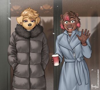 2girls animal_ear_piercing animal_ears artist_name bathrobe black_jacket blonde_hair blue_bathrobe blue_robe brown_fur brown_hair clara_(meesh) cup disposable_cup dog_ears dog_girl down_jacket drinking_glass ears_down furry furry_female hands_in_pockets holding holding_cup jacket jasmine_(meesh) looking_at_viewer meesh_(mushymeesh) multicolored_hair multiple_girls open_mouth original patreon_username pink_streaks robe streaked_hair teeth upper_teeth_only watermark waving web_address yellow_fur