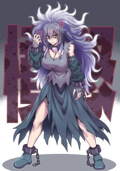 1girl absurdres anger_vein annihilape bags_under_eyes breasts broken_handcuffs cleavage collar commentary_request detached_sleeves dress full_body grey_dress grey_hair hand_up highres large_breasts messy_hair nintendo personification pokemon red_eyes standing yokomiya4538