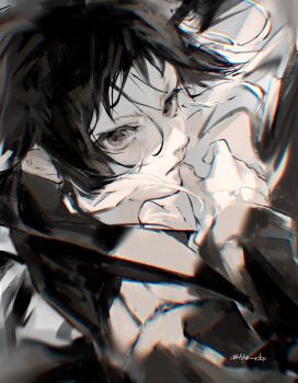 1boy akutagawa_ryuunosuke_(bungou_stray_dogs) black_coat black_hair bungou_stray_dogs closed_mouth coat floating_hair hashtag-only_commentary hiba_riko highres long_sleeves looking_at_viewer male_focus multicolored_hair short_hair solo twitter_username two-tone_hair white_hair