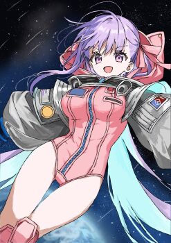 Rule 34 | 1girl, :d, animal ear hood, animal ears, bb (fate), bb cosmo (fate), boots, breasts, cat ears, colored inner hair, commentary, fake animal ears, fate/grand order, fate (series), feet out of frame, full-length zipper, grey shrug, grey sleeves, hair ribbon, highleg, highleg leotard, highres, hood, hooded leotard, jumpsuit, knee boots, large breasts, leotard, long hair, long sleeves, looking at viewer, missing headwear, moon, multicolored hair, open mouth, pink boots, pink hood, pink leotard, pink ribbon, planet, puffy long sleeves, puffy sleeves, purple eyes, purple hair, ribbon, shrug (clothing), smile, solo, space, spacesuit, star (sky), syst098, very long hair, zipper, zipper leotard