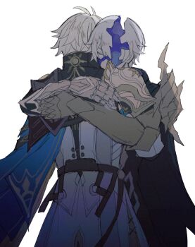 2boys antenna_hair armor belt black_bodysuit black_cape blue_cape bodysuit broken_skin brown_belt cape closed_eyes cowboy_shot dual_persona flame_reaver_of_the_deepest_dark from_behind gauntlets grey_hair highres honkai:_star_rail honkai_(series) hug jacket long_sleeves male_focus maru2792947 multiple_boys pale_skin phainon_(honkai:_star_rail) short_hair shoulder_armor simple_background standing sun_symbol two-sided_cape two-sided_fabric white_background white_jacket yellow_cape
