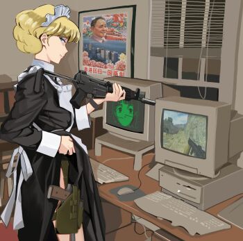 1girl apron assault_rifle black_dress blonde_hair book bookshelf carbine closed_mouth clothes_lift computer computer_keyboard computer_mouse computer_tower counter-strike counter-strike_(series) crt daewoo_k1 dress dress_lift gun handgun highres holding holding_gun holding_weapon holster indoors irene_sanders iwakura_lain looking_at_viewer looking_back maid maid_apron maid_headdress mousepad_(object) pistol portrait_(object) rifle serial_experiments_lain short_hair solo suna_no_bara suppressor table telescoping_stock thigh_holster wani_(perfect_han) weapon window window_blinds